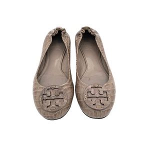 Tory Burch Croc Embossed Leather Reva Scrunch Ballet Flats Beige